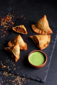 two-types-of-samosas-side-by-side-small-triangular-patti-samosa-with-spiced-qeema-filling-and-large-punjabi-samosa-with-potato-filling-served-with-mint-chutney