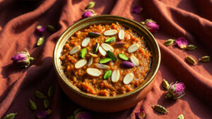 a-clay-bowl-of-gajar-halwa-carrot-pudding-topped-with-almonds-and-pistachios-served-at-a-pakistani-eid-gathering