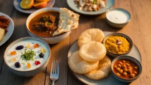 pakistani-eid-breakfast-spread-with-fluffy-puris-semolina-halwa-chickpea-curry-sheer-khurma-with-dried-fruits-and-nihari-with-naan