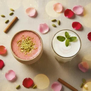 kashmiri-chai-in-a-clay-cup-and-sweet-lassi-in-a-glass-surrounded-by-rose-petals-and-cardamom-for-eid-al-fitr-celebration