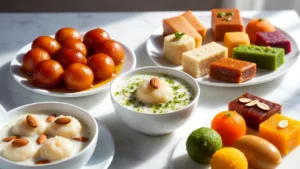 pakistani-and-indian-eid-dessert-spread-with-gulab-jamun-ras-malai-kheer-and-assorted-mithai-on-a-white-marble-surface