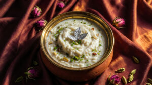 a-clay-bowl-of-kheer-rice-pudding-topped-with-crushed-pistachios-and-silver-leaf-for-eid-al-fitr-celebration